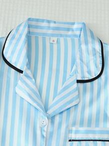 2pcs Satin Women Sleepwear Set Featuring Short Sleeve Polo Collar Top And Striped Bow-Tie Shorts Pajama Set, Summer, Two Pieces Set, Cool Light Blue - Màu xanh lam - Xem 3