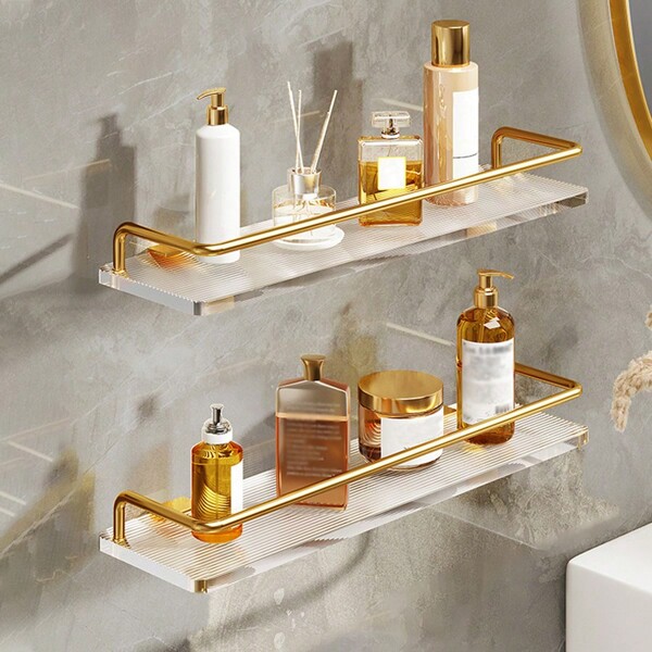 Acrylic Gold Bathroom Shelves, Luxury Vanity Storage Racks, Toilet Paper Towel Holder, Wall Mounted No Drilling Required