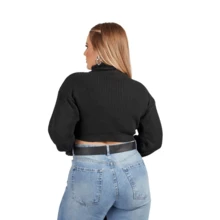 Cropped High Neck Long Sleeve Knitting - Green Water - View 2