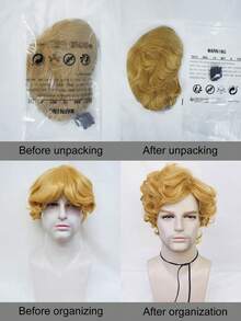 Peluca rubia corta y rizada para hombre, de fibra sintética resistente al calor, suave y con volumen, con raya lateral, para uso diario, fiestas, disfraces de anime, Halloween, festivales y regalos de Navidad. Incluye 1 gorro para peluca. - Dorado - Ver 6