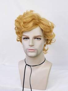 Peluca rubia corta y rizada para hombre, de fibra sintética resistente al calor, suave y con volumen, con raya lateral, para uso diario, fiestas, disfraces de anime, Halloween, festivales y regalos de Navidad. Incluye 1 gorro para peluca. - Dorado - Ver 5