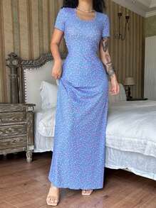 Women's U-Neck Waist Tie Short Sleeve Printed Dress, Spring/Summer - Blue - View 4