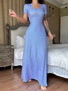 Vestido de mujer para primavera y verano, con estampado de moda, cuello en U, cintura anudada y manga corta