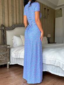 Women's U-Neck Waist Tie Short Sleeve Printed Dress, Spring/Summer - Blue - View 5