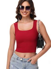 Women's Tight Fitted Widened Square Neck Tank Top With Built-In Bra Pads Sleeveless Air Touch Fabric - 酒紅色 - 查看 3