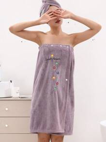 2 pièces Ensemble de peignoir et bonnet de bain pour dames. Idéal pour le mariage, la maison, la salle de bain. Un retour à l'école - broderie violette - Voir 4