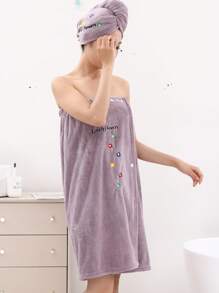 2 pièces Ensemble de peignoir et bonnet de bain pour dames. Idéal pour le mariage, la maison, la salle de bain. Un retour à l'école - broderie violette - Voir 5