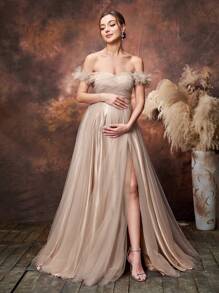 Faeriesty Dressalisa 孕妇贴花细节露肩薄纱舞会礼服 - 香檳色 - 查看 4