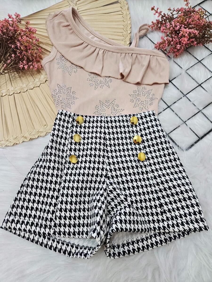 Fleur De Lis - Children's Cropped Set With Ruffles And Shorts With Buttons - Màu be - Xem 1