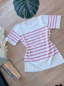MODAL STRIPED KNIT TOP SUMMER 2025 - WHITE aND PINK - View 3