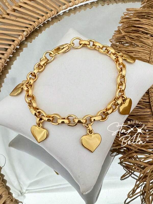 Pulseira semi joia corações corrente elo portugues verniz italiano