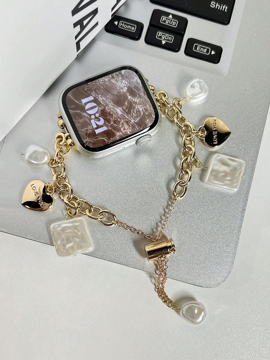 1 件奢华女式金色方形珍珠心形表带兼容 Apple Watch Series SE 10 9 8 7 6，适合 38/40/41/42/44/45/49 毫米 Apple Watch Ultra/SE/8/7/6/5/4/3/2/1