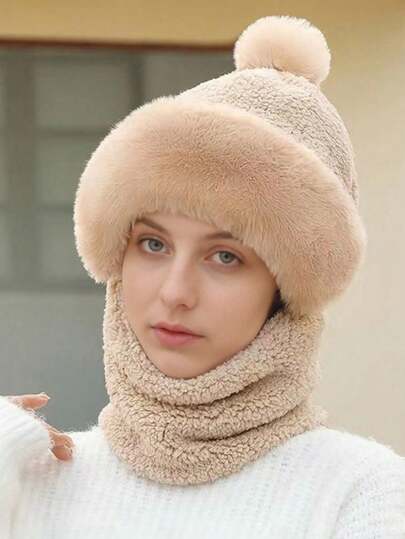 女士新款厚羊毛冬帽，韩版保暖毛绒无檐小便帽头带，防风针织绒球帽，时尚休闲纯色波西米亚街头派对帽，涤纶材质