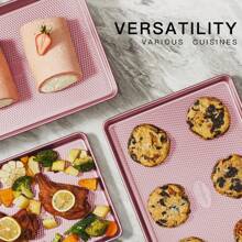 Cookie Sheets For Baking Nonstick - HONGBAKE Baking Sheet Pan Set Of 3, Half/Quarter/Jelly Roll Pan For Oven With Diamond Texture Pattern, 57% Thicker Carbon Steel Cookie Trays - Pink - View 2