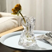 1pc Pleated Transparent Glass Vase, Artificial Flower Decoration Vase, Suitable For Home Decor, Tabletop Decor Room Decor Flower Vase - Multicolor - View 9