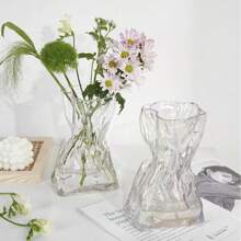 1pc Pleated Transparent Glass Vase, Artificial Flower Decoration Vase, Suitable For Home Decor, Tabletop Decor Room Decor Flower Vase - Multicolor - View 3