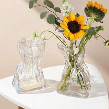 1pc Pleated Transparent Glass Vase, Artificial Flower Decoration Vase, Suitable For Home Decor, Tabletop Decor Room Decor Flower Vase - Multicolor - View 7