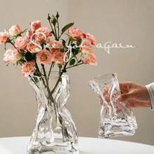 1pc Pleated Transparent Glass Vase, Artificial Flower Decoration Vase, Suitable For Home Decor, Tabletop Decor Room Decor Flower Vase - Multicolor - View 5