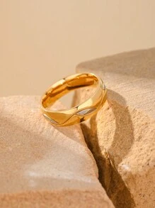 1pc 18K Gold Plated Stainless Steel Retro Leaf Wave Design Men's Rings Jewelry - Ring - View 3