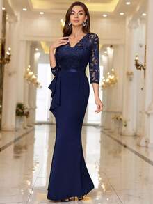 MIUSOL V Neck Floral Lace Ruffle Trim Split Thigh Formal Party Dress, Elegant Prom Evening Gown, For Wedding Guest, Graduation, Dinner - Navy Blue - View 6