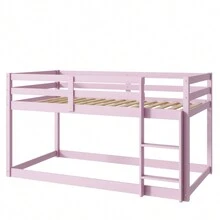 Twin Over Twin Loft Bunk Bed With Ladder, Wood Floor Bunk Bed With Full-Length Guardrails, Bunk Bed For Boys, Girls, Grey/White/Espresso/Pink/Natural - Hồng - Xem 5