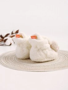 婴儿男孩女孩舒适羊毛靴带防滑底部保暖冬季袜子拖鞋 - 米色 - 查看 5