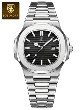 Poedagar Luxury Men's Watch Business Stainless Steel Quartz Men's Watch Waterproof Date Night Light Square Men's Watch Clock With Box Father