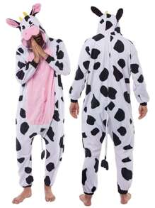 Joyfy Unisex Adult Cow Halloween Costume Pajama Plush Jumpsuit One Piece Cow Animal Costume, Hooded Jumpsuit Costume For Themed Cosplay Party - 彩色 - 查看 3