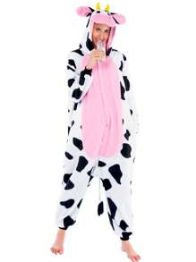 Joyfy Unisex Adult Cow Halloween Costume Pajama Plush Jumpsuit One Piece Cow Animal Costume, Hooded Jumpsuit Costume For Themed Cosplay Party - 彩色 - 查看 7