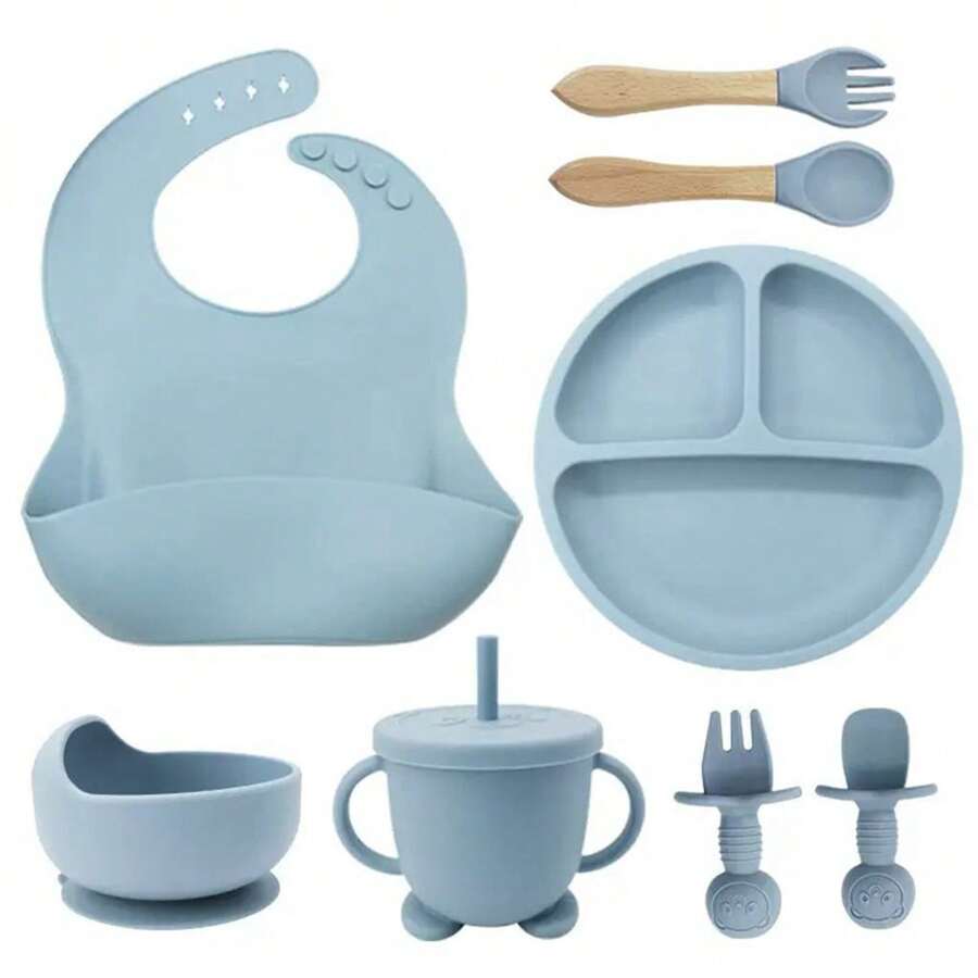 8PCS/Set Baby Tableware. Comes With Suction Cup Bowl, Sippy Cup, Bibs And Best Spoon - 8pcs/blue - View 1