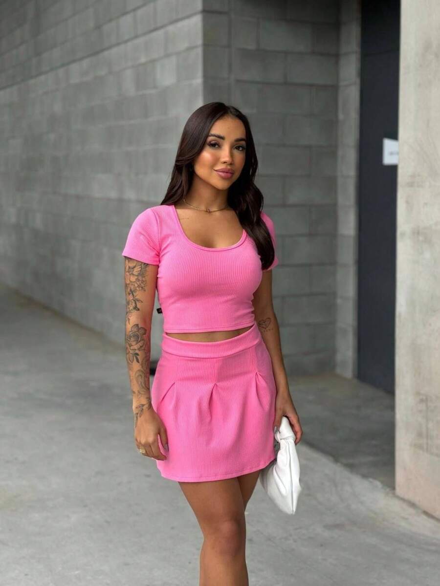Women's Cropped Set With Sleeves And College Skirt Modern Look - Màu Hồng baby - Xem 1