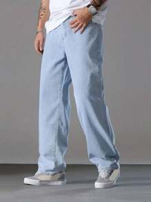 Men's Baggy Balloon Jeans 100% Cotton Premium Fabric Straight Cut Wide Dazzling - Lavado ligero - Ver 1