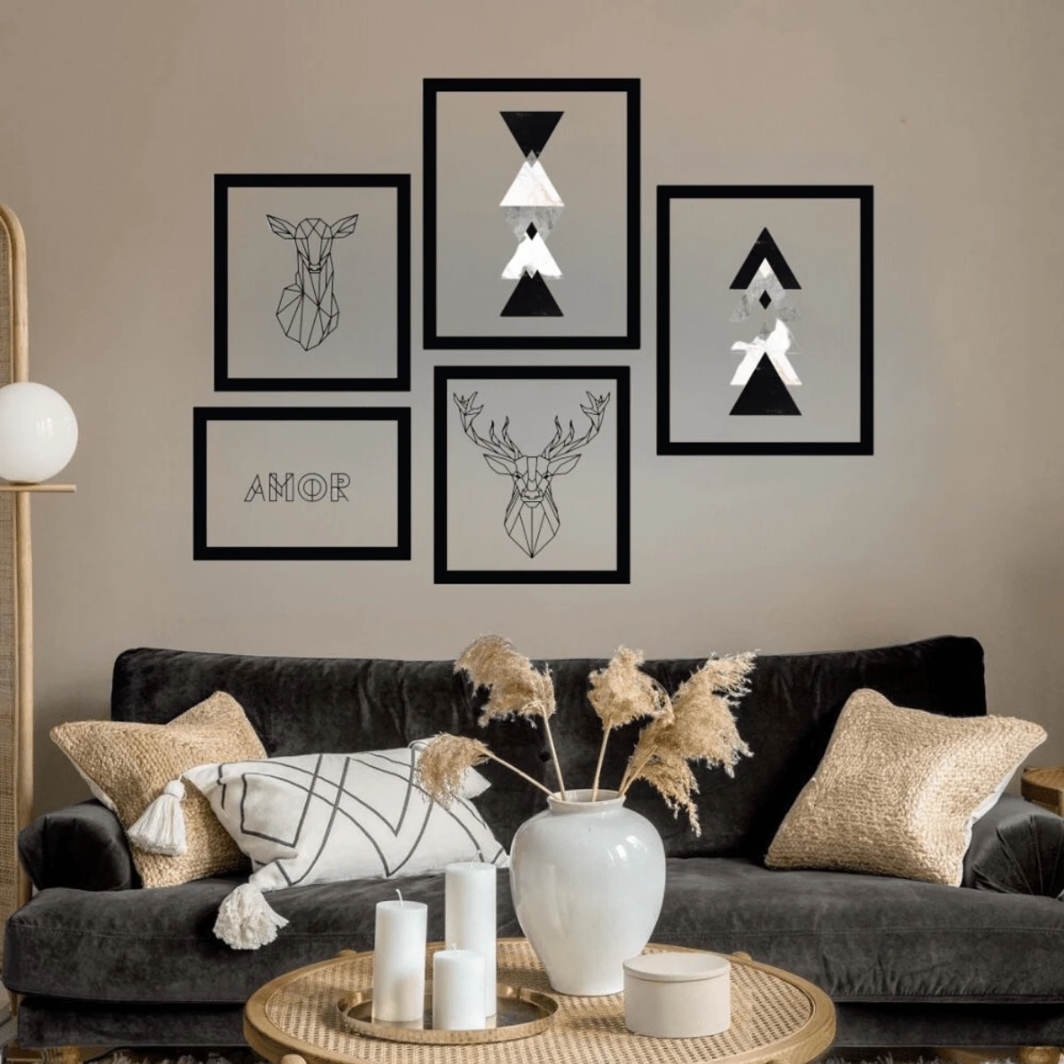 Kit 5 Quadros Decorativos ambientes diversos sem furos fácil instalação sofisticado para sala quarto escritório adulto infantil e juvenil - Cervo - Visão 1