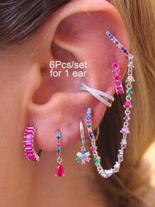 6 件/套多色耳环套装女士耳环彩色锆石链环吊坠耳环女士度假珠宝配饰 - 6Pcs/Set - 查看 4