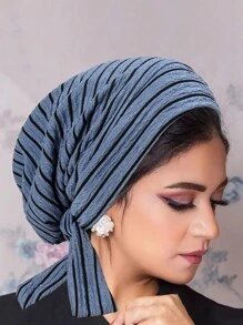 1件新款条纹穆斯林长尾头巾帽化疗帽女士长尾帽头发睡眠帽 - 女士頭巾帽 - 查看 5