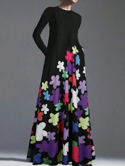Women's Long Sleeve Round Neck Elegant Floor Length Printed Fabric Dress With Pockets