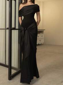 Vestido largo formal con hombros descubiertos y nudo al frente en unicolor para mujer, diseño para otoño - Negro - Ver 9