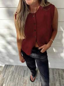 Women's Minimalist Round Neck Solid Color Button Front Knit Cardigan Vest, New Year - Red - View 4