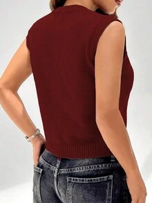 Women's Minimalist Round Neck Solid Color Button Front Knit Cardigan Vest, New Year - Red - View 6