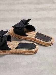 Sandalias de diapositivas de ajuste ancho para mujer, zapatos planos cómodos con lazo, zapatos de playa casuales, elásticos y ligeros para mujer, pantuflas de verano para dama - Negro - Ver 3