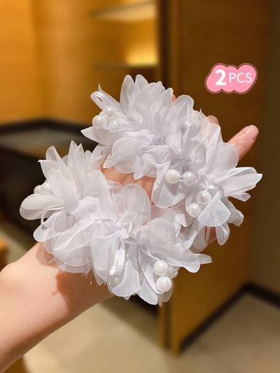 2 件装甜美白色高弹力珍珠花发圈，适合女孩