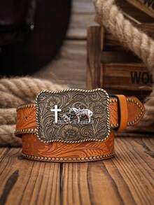 1pc Men's Western Style PU Leather Belt (Hole Punch Tool Included) - Miss - View 1
