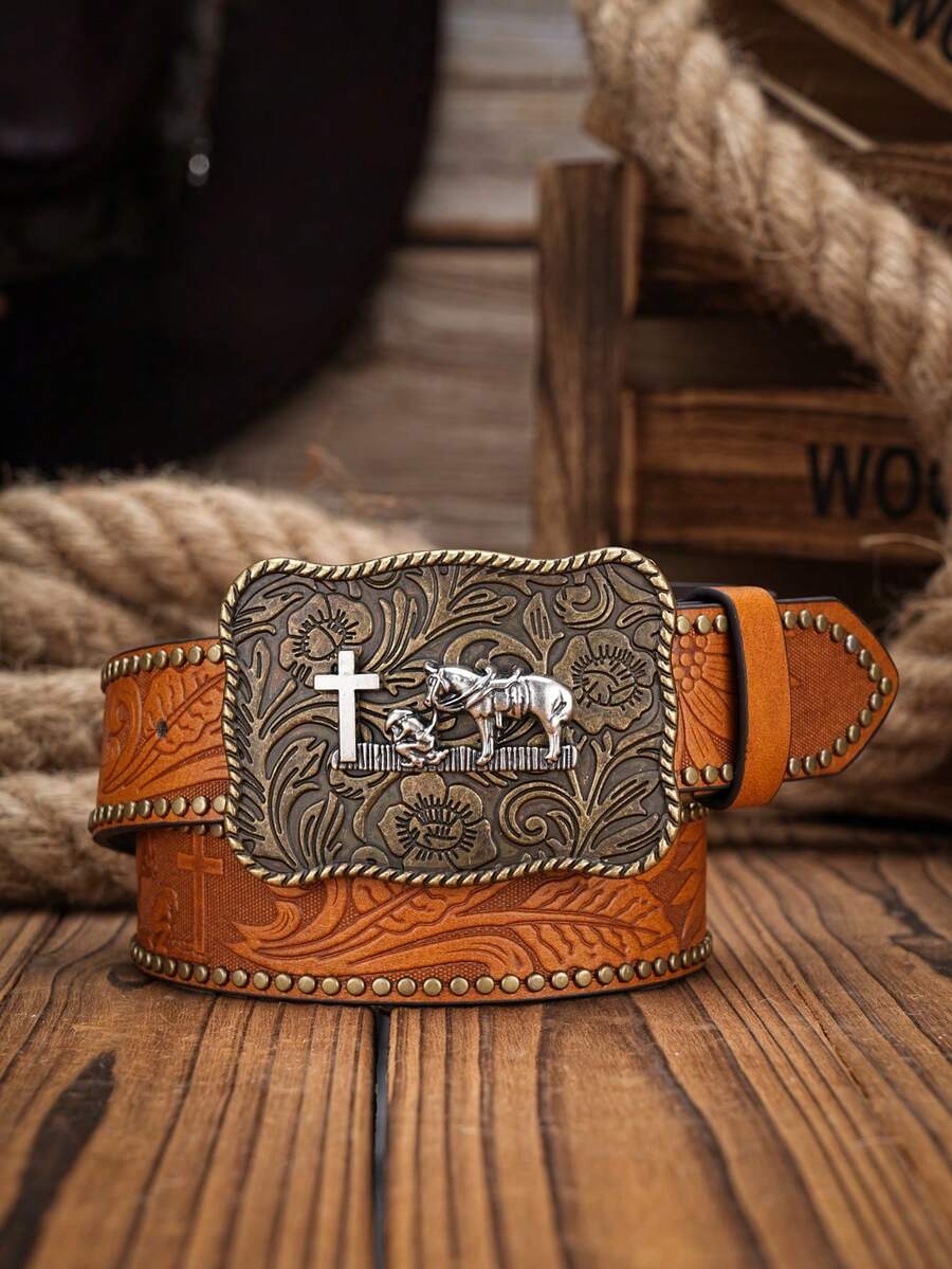 1pc Men's Western Style PU Leather Belt (Hole Punch Tool Included) - Miss - View 1