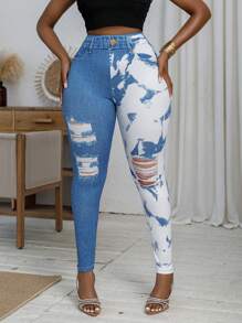 大码女士牛仔效果裤撞色印花中腰修身打底裤日常休闲运动高弹力服装秋冬季 - 藍色 - 查看 3