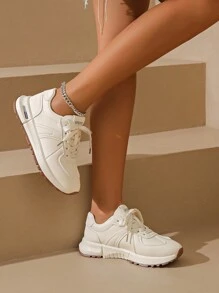 Women's Casual Sneakers, Lightweight & Versatile Comfortable Lace-Up Round Toe Solid Color Platform Shoes