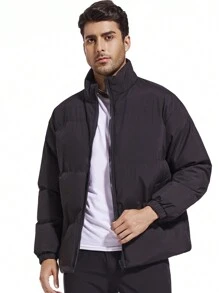 Men's Solid Color Casual Stand Collar Black Padded Coat, Autumn/Winter