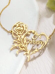 Collar con flor y nombre personalizado, elegante collar con colgante con forma de rosa y corazón, de acero inoxidable, cadena de clavícula, regalo de cumpleaños, aniversario, Navidad para mujeres, familia, amigos