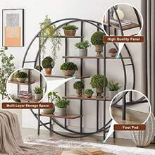 Round Bookshelf Stand & Plant Stand, 5-Tier Metal Bookcase Large Storage Rack, 5 Shelf Book Shelves Indoor Living Room Garden Balcony Display Stand. 67'' W X 11.8'' D X 67'' H. - Brown - View 2