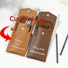 Túi đựng đồ dùng học tập tùy chỉnh, Túi đựng bút, Túi đựng kính, Túi đựng đồ dùng học tập đa năng dung tích lớn bằng da PU đơn giản hiện đại, Túi đựng đồ dùng học tập bằng da màu trơn cho sinh viên, Túi đựng kính - màu xanh lá - Xem 1