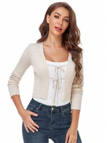 Chaqueta corta de mujer informal de cuello en V de punto con lazo, abierta al frente, tipo chaqueta - Albaricoque - Ver 5